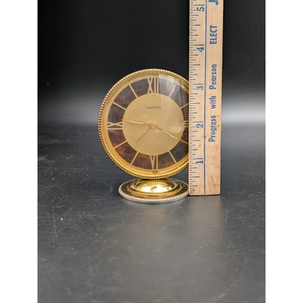 Vintage LUXOR Swiss Made Desk Alarm Clock Tortoise Dial Brass Mid Century Works
